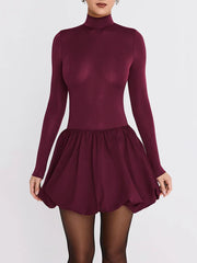 Burgundy Turtleneck Long Sleeve Puff Skirt Mini Dress