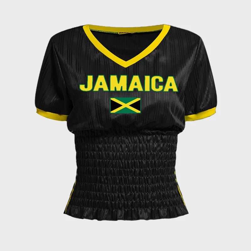 Black Jamaica Letter Flag Graphic Ruched T-shirt - Vintage Knit