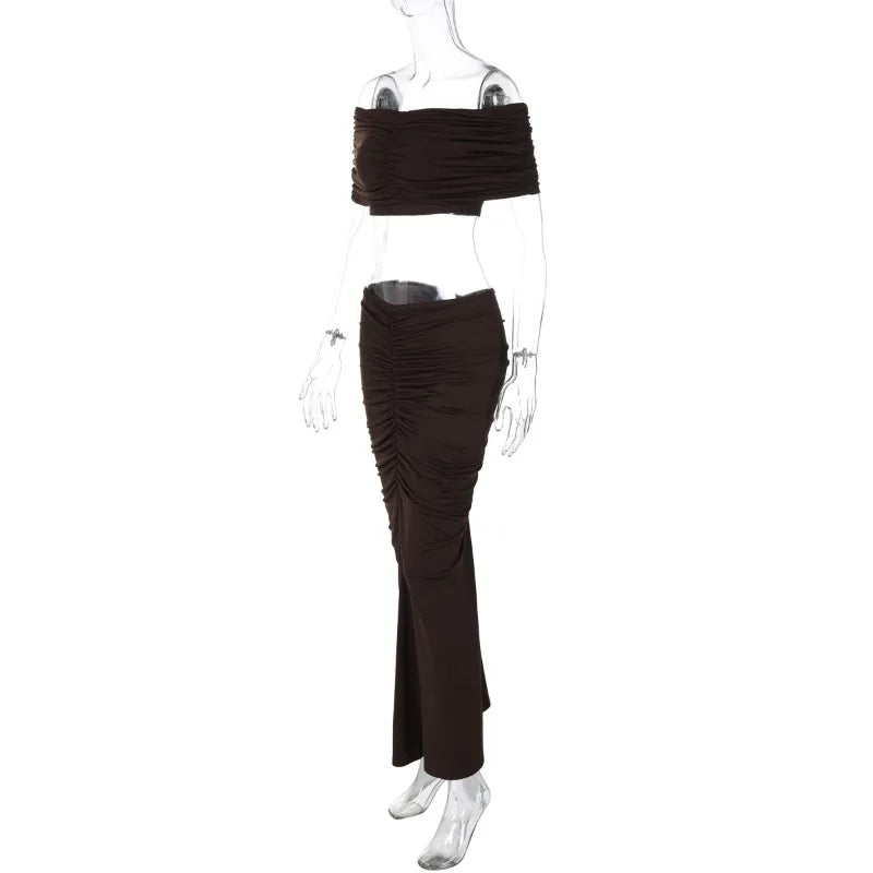 Off-shoulder Crop Top And Ruched Maxi Skirt Set