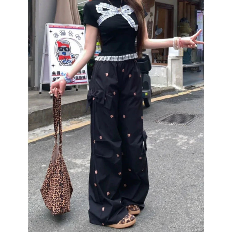 Bows Bear Printed Wide Leg Elastic Cargo Pants