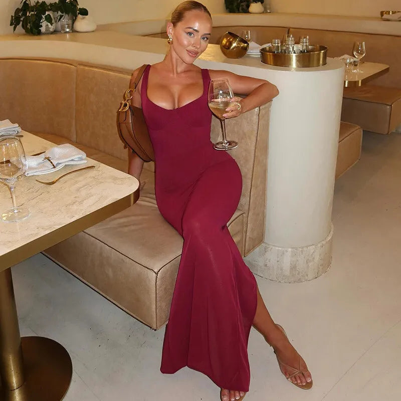 Solid Strap Mesh Bodysuit Maxi Dress