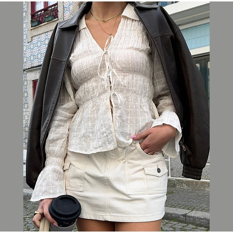 White Ruched Tie Up Long Sleeve Top