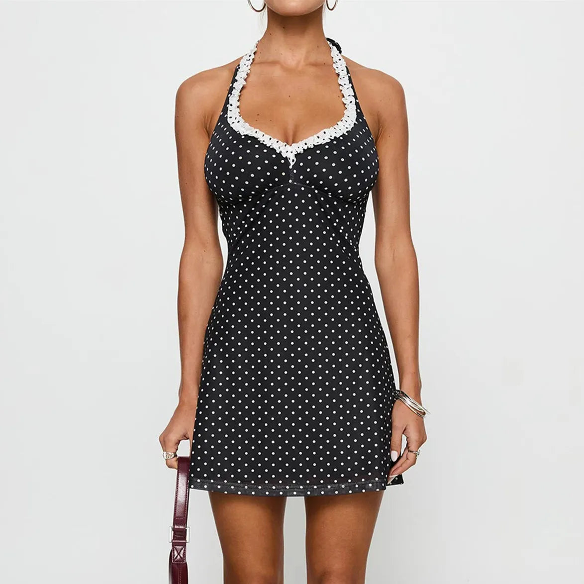 Black Polka Dot Ruffle Strap Mini Dress