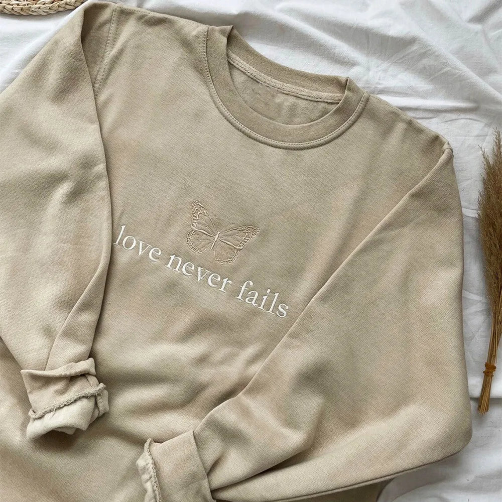 Love Never Fails Butterfly Embroidered Khaki Crewneck Sweatshirt