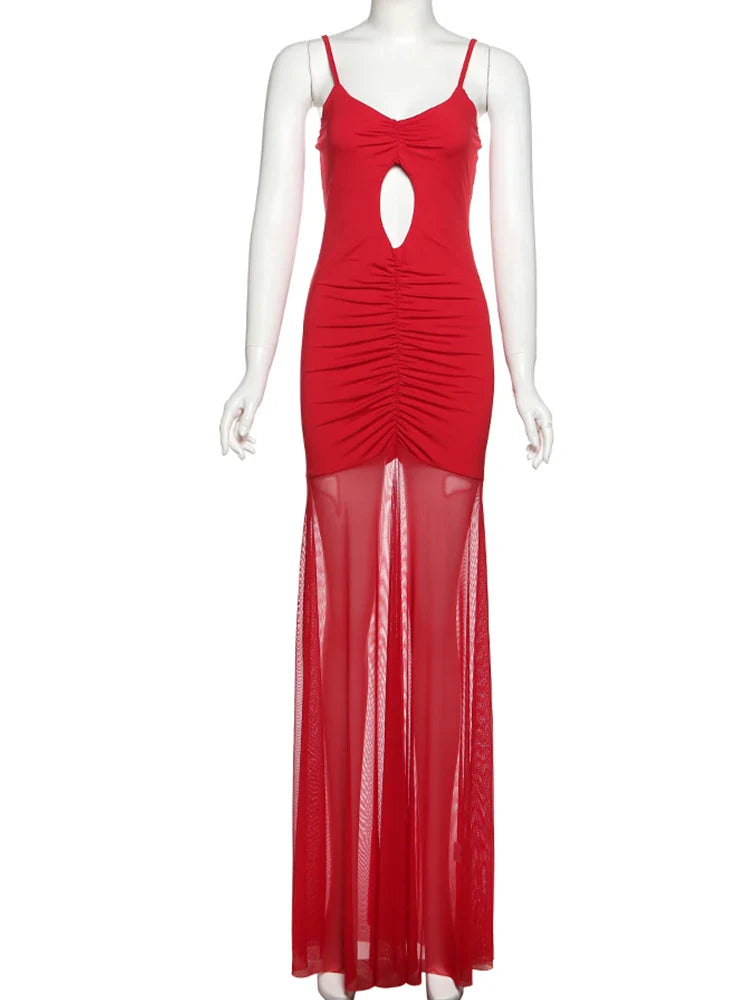 Mesh Ruched Cami Maxi Dress