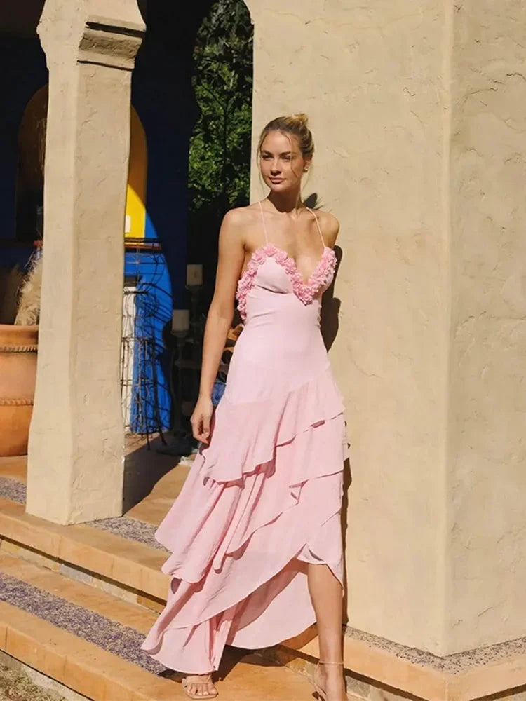 Pink Frill Layered Strap Maxi Dress