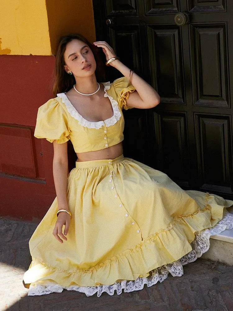 Yellow Gingham Printed Crop Top And Maxi Skirt Set