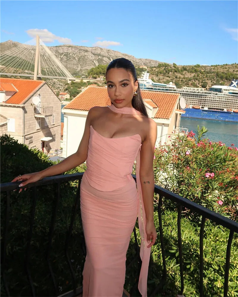 Corset And Bodycon Maxi Skirt With Neckerchief Set