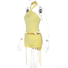 Halter Rhinestone Top & Drawstring Shorts Co-Ord Set - Streetwear Slim Fit