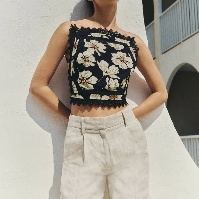 Floral Backless Adjustable Straps Bow Tied Split Square Top