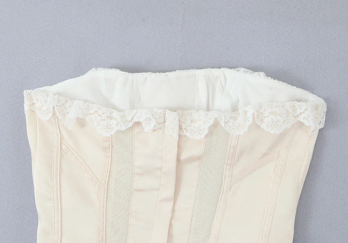 Lace Trim Beige Corset Top