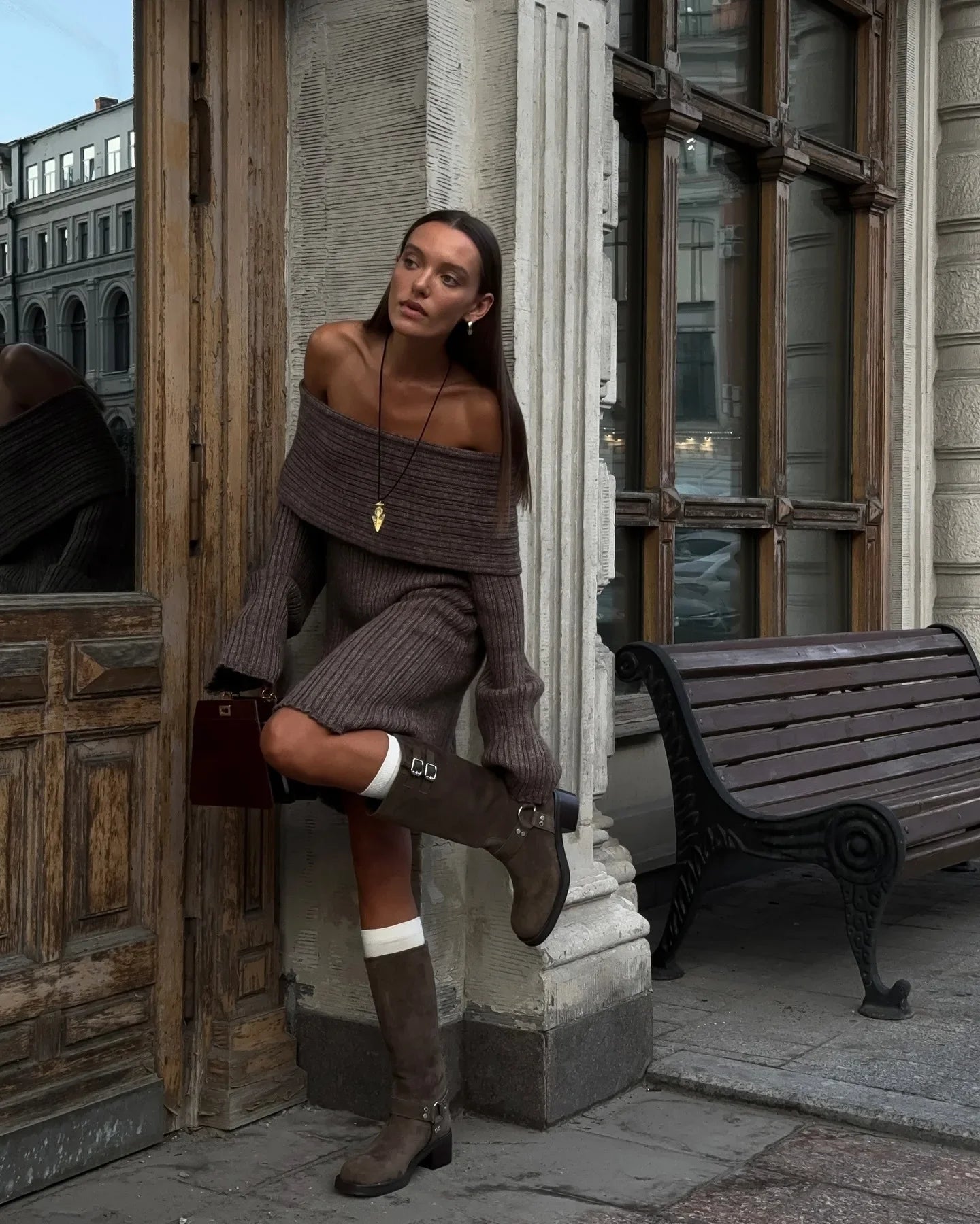 Off-Shoulder Long Sleeve Knitted Top