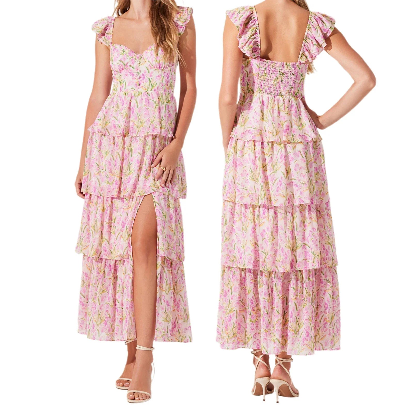 Floral Print Multi-Layered Tiered Ruffles Maxi Dress
