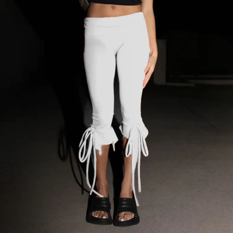 Solid Tie-up Ruffles Hem Capri Pants