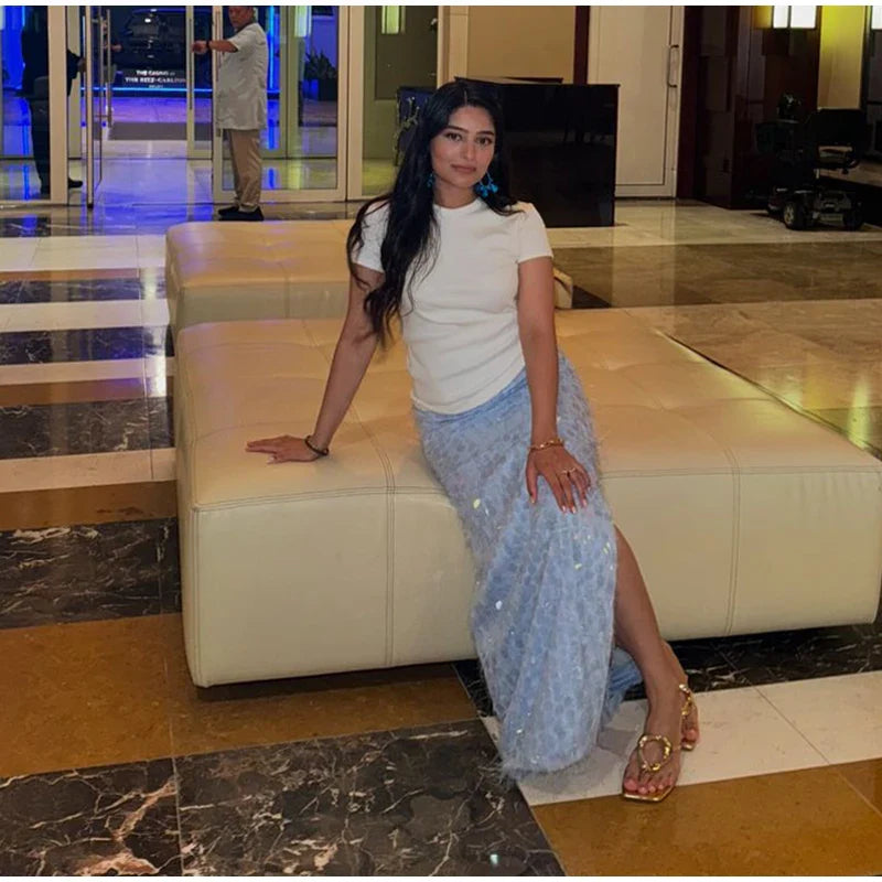 Blue Sequin Tube Top And Maxi Skirt