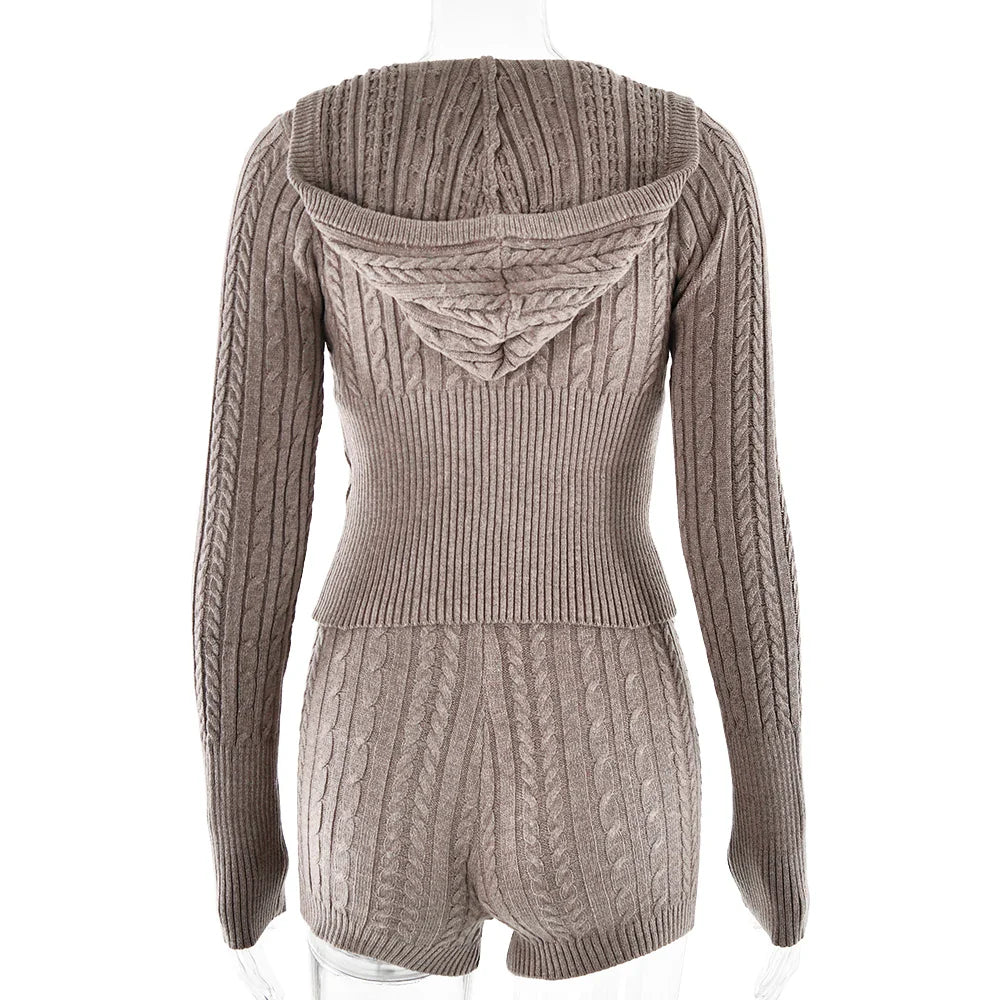 Long Sleeve Knitted V-Neck Hooded Sweater And Shorts Set