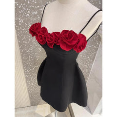Black Cami 3D Red Flower Mini Dress