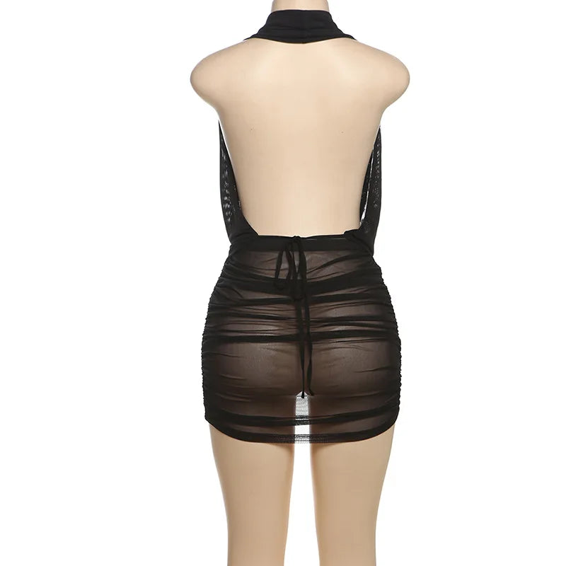 Mesh Cowl Deep Neck Halter Top and Mini Skirt Set