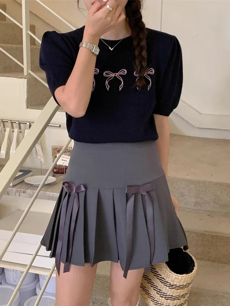 Bowknot Short Sleeve Round Neck Knit Top