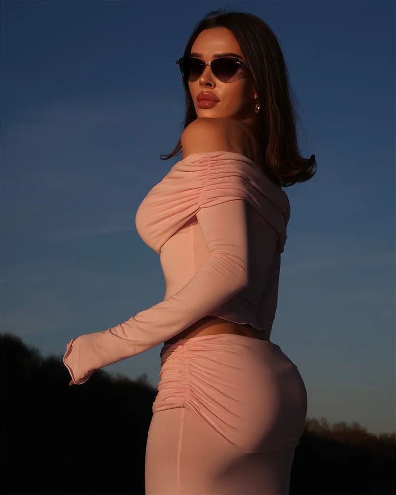 Long Sleeve Off-Shoulder Top And Ruched Pants Set