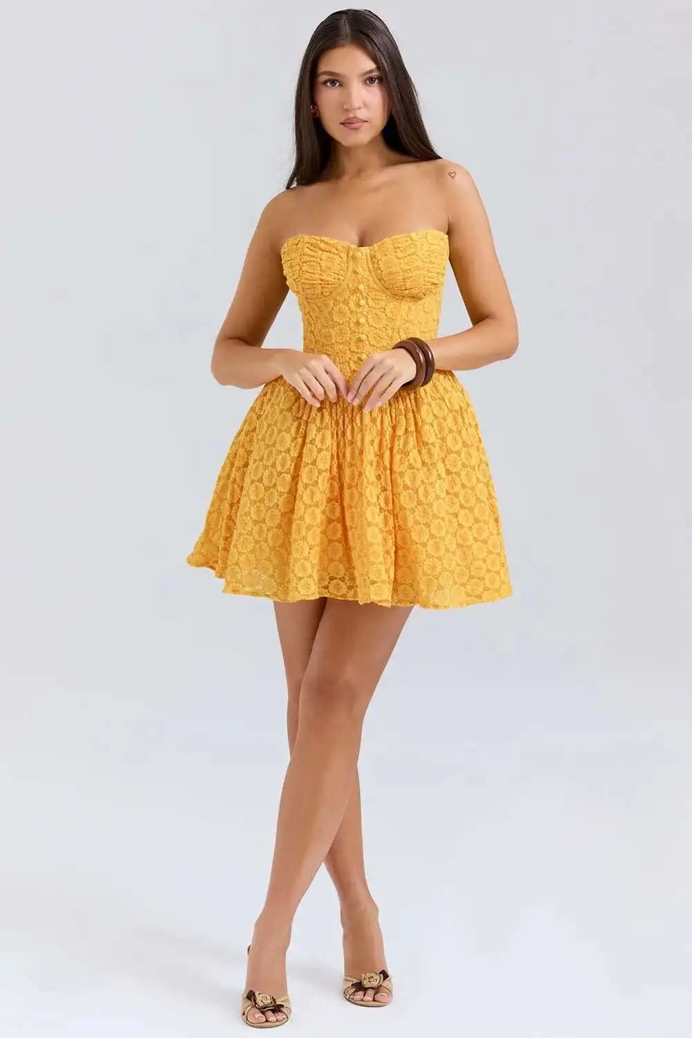 Yellow Jacquard Bustier Strap Mini Dress