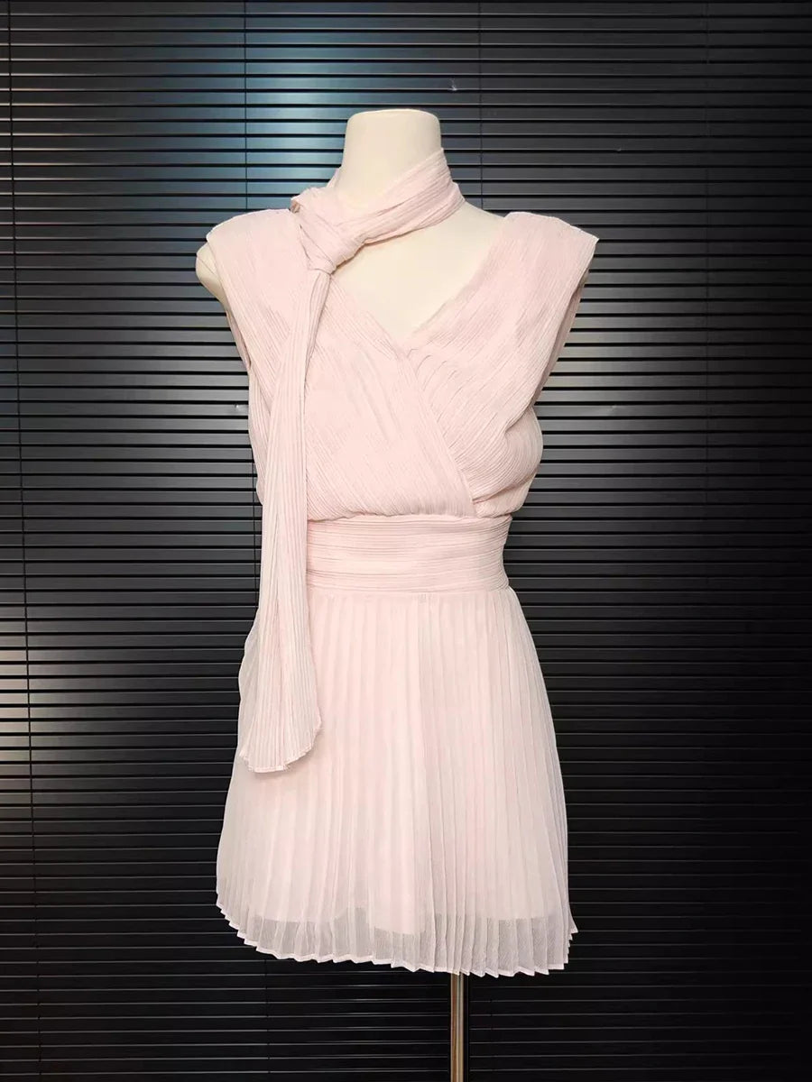 Pink Scarf V Neck Short Sleeve Pleated Wrap Mini Dress