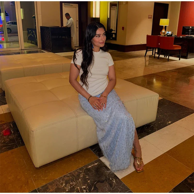 Blue Sequin Tube Top And Maxi Skirt
