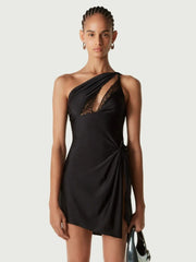 Black One Shoulder Lace Asymmetric Mini Dress