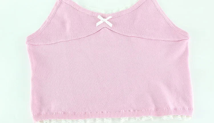Pink Bow Ribbed Cami Top And Mini Skirt Set