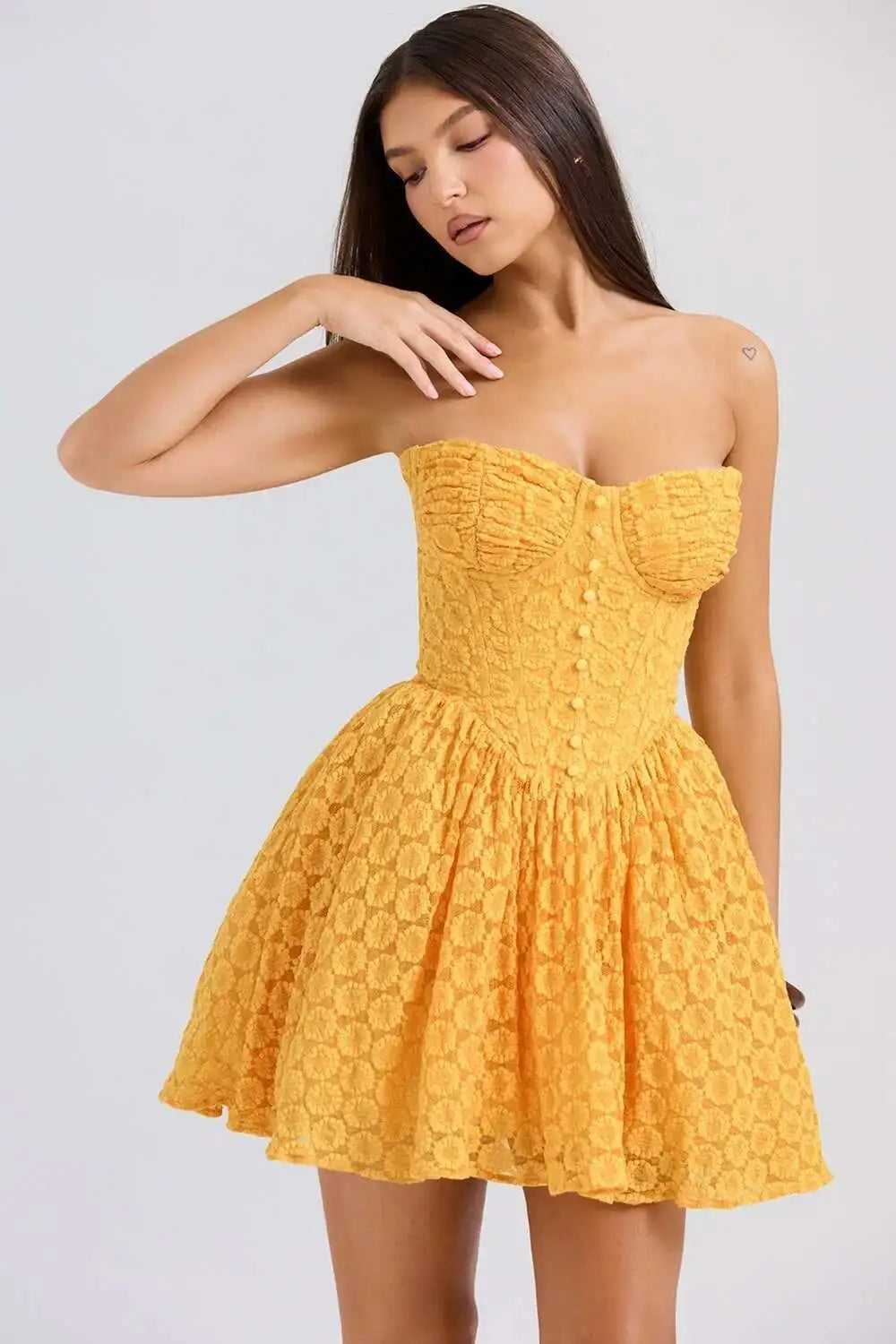 Yellow Jacquard Bustier Strap Mini Dress