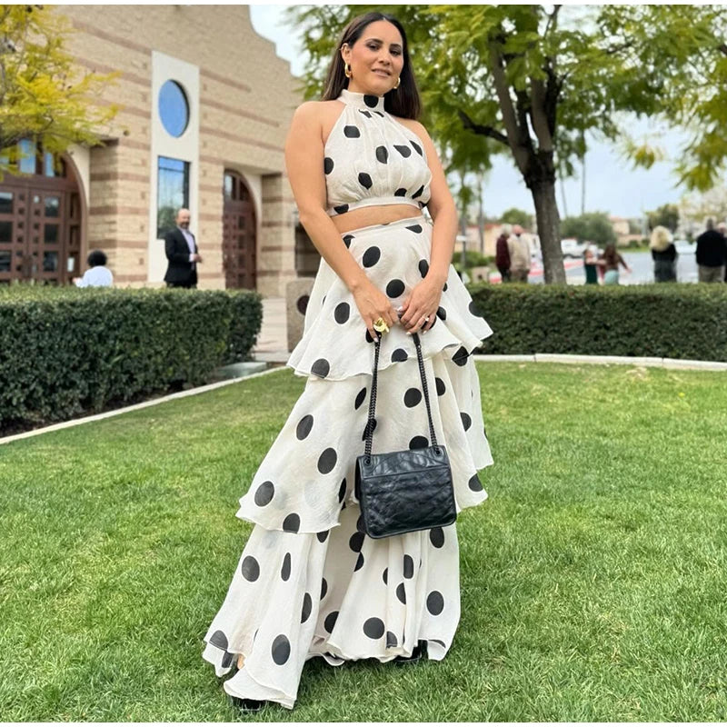 Sleeveless Polka Dot Crop Top And  Multi-Layer Ruffles Skirt Set