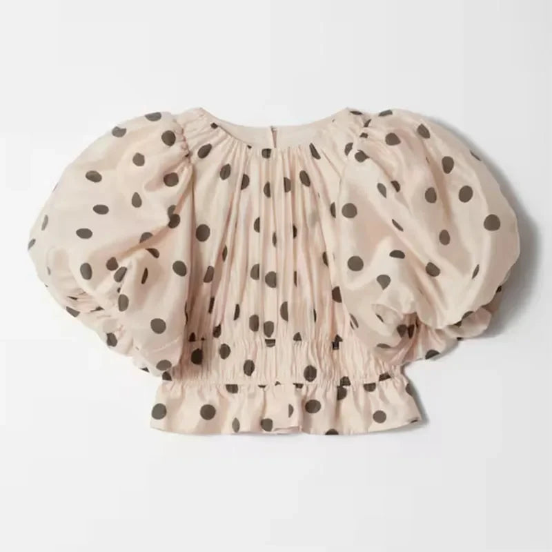 Polka Dot Bubble Sleeve Top And Ruffles Maxi Skirt Set