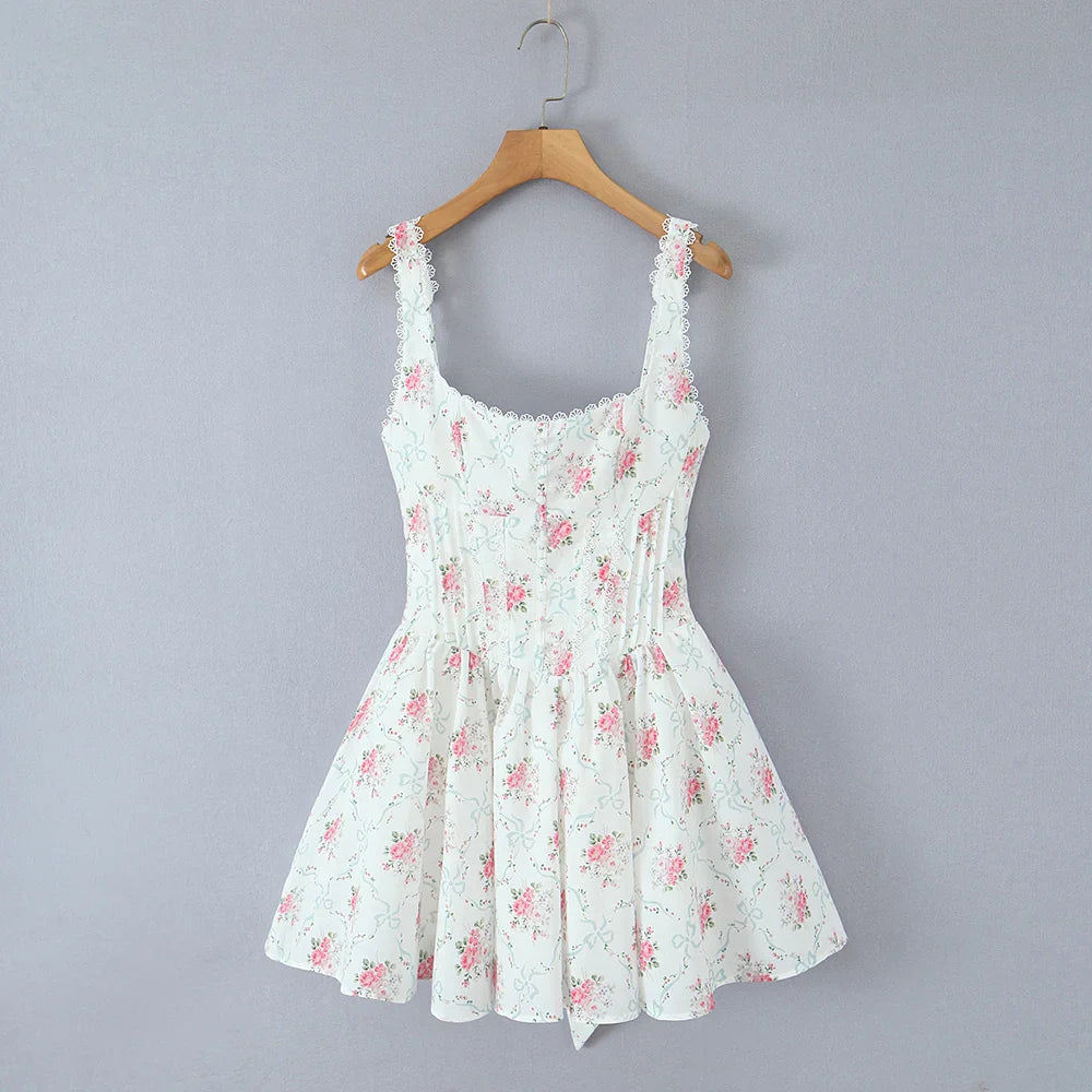 White Floral Print Back Tie Flare Mini Dress - Casual Loose Fit