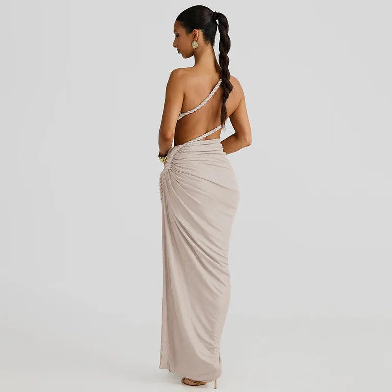 Cut Out Rope Design One Shoulder Slit Midi Dress