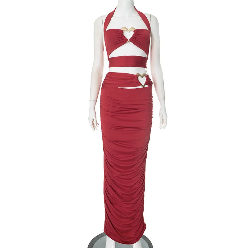 Red Heart Cut Out Halter Top And Maxi Skirt Set