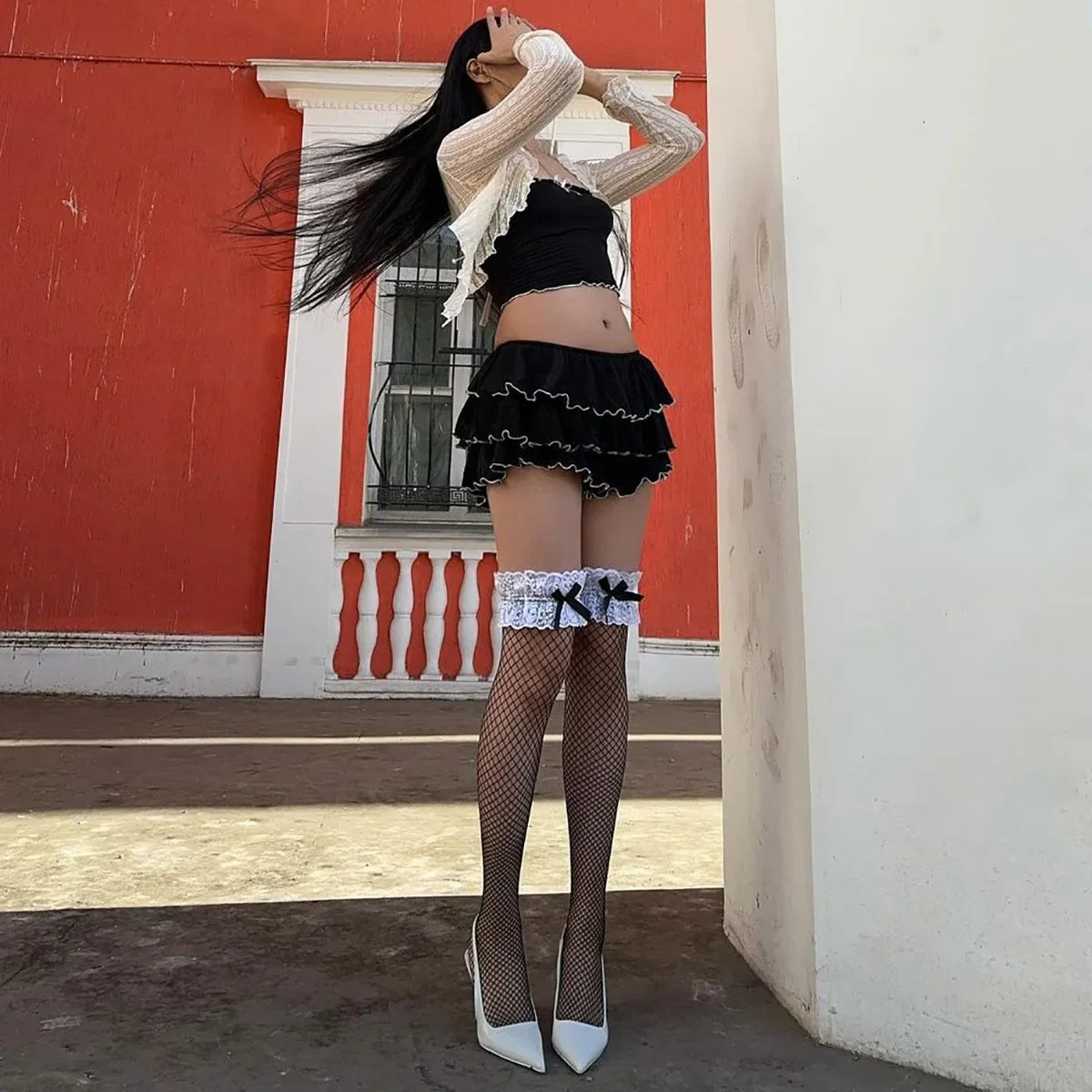 Black Bow Crop Top Ruffled Mini Skirt Set
