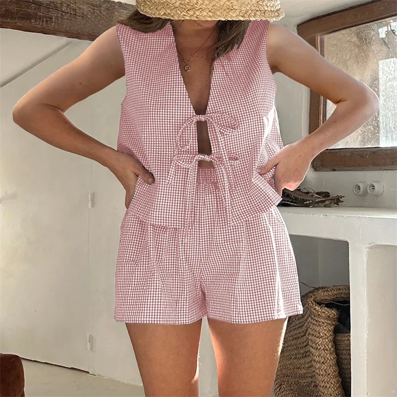 Plaid Tie Up Top And Shorts Set