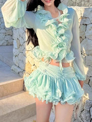 Green Ruffles Tie Up Mesh Top And Skirt Set