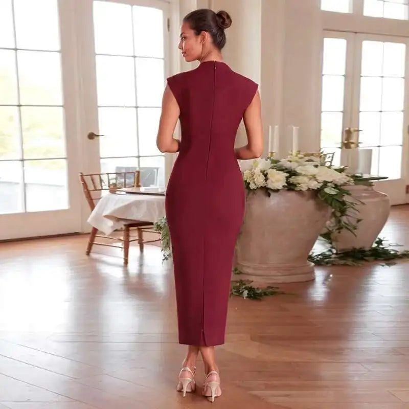 Deep Neck Short Sleeve Solid Midi Dress