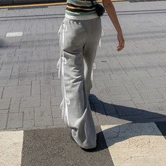 Grey Stripe Ribbon Drawstring Sweatpants