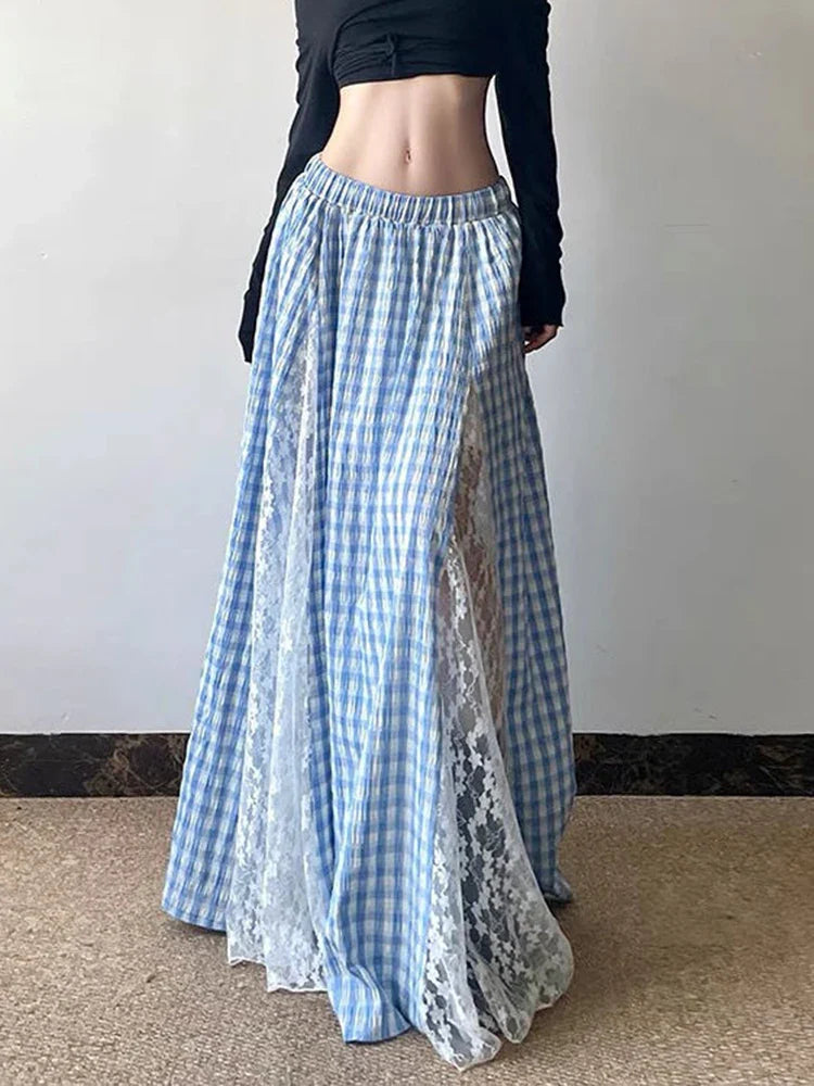 Blue Lace Patchwork Plaid Long Skirt