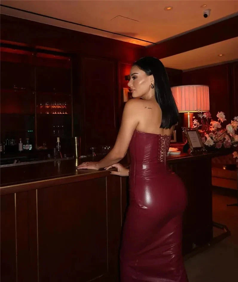 Burgundy Strapless PU Leather Maxi Dress