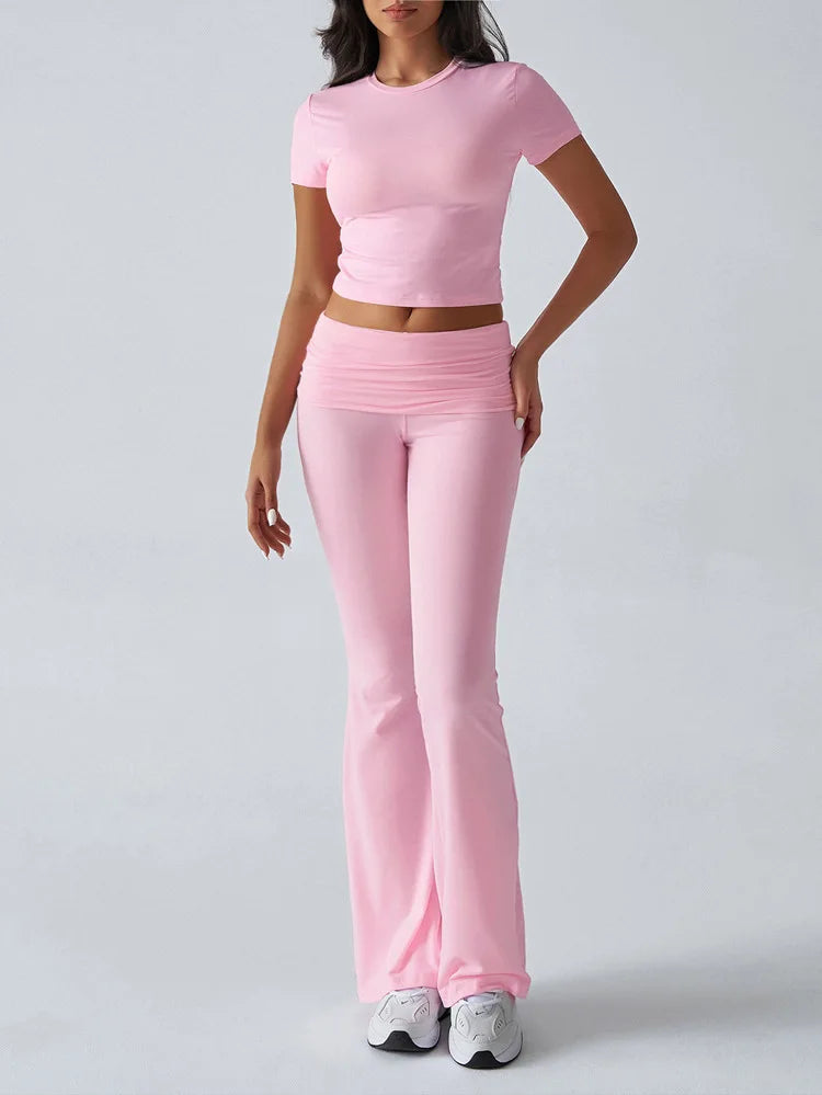 Slim Fit Two Piece Short Sleeve Top & Pant Set - Athleisure Workout Style