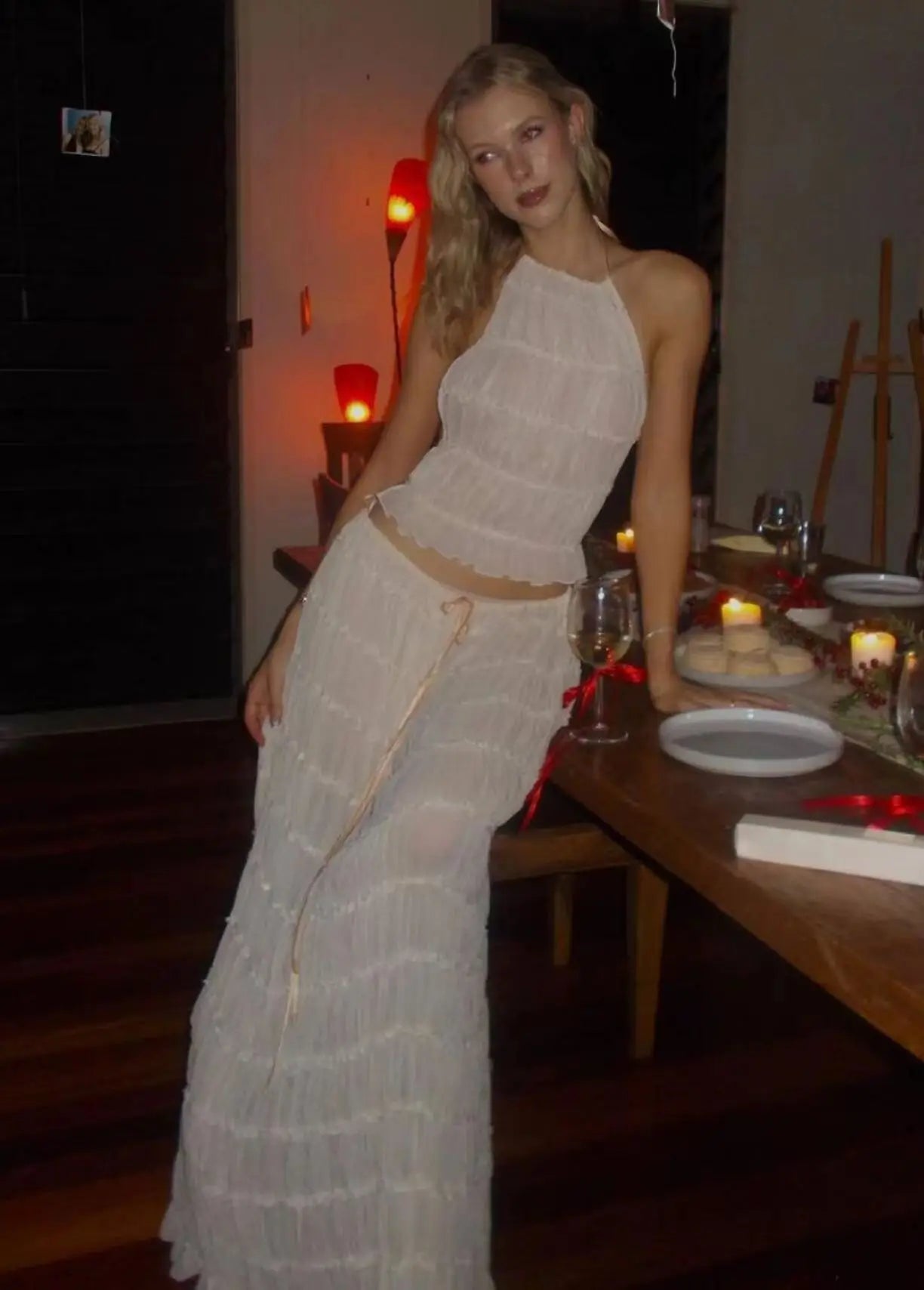 Halterneck Ruched Open Back Tie Up Top And Maxi Skirt Set