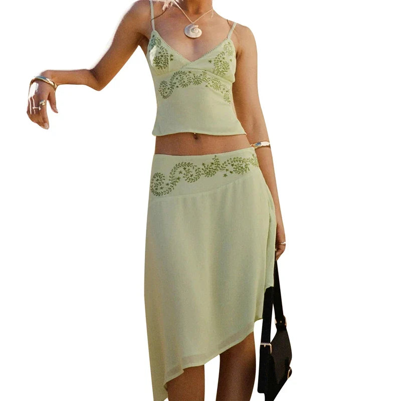 Printed V-Neck Cami & Skirt Set â€?Ruffle Midi Look