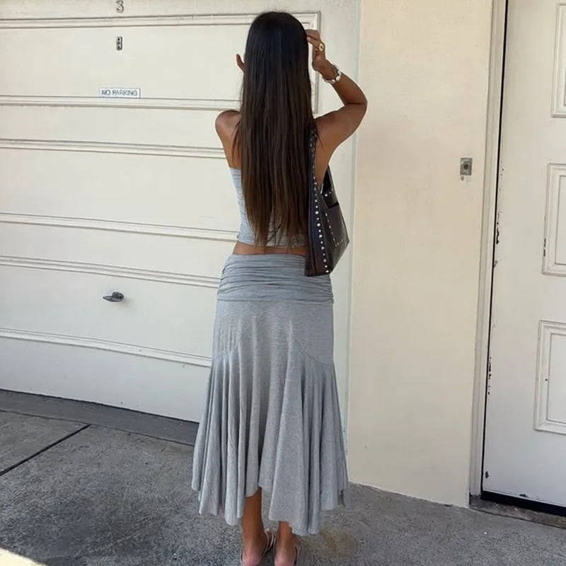 Knot One Shoulder Top And Ruched Midi Skirt Set