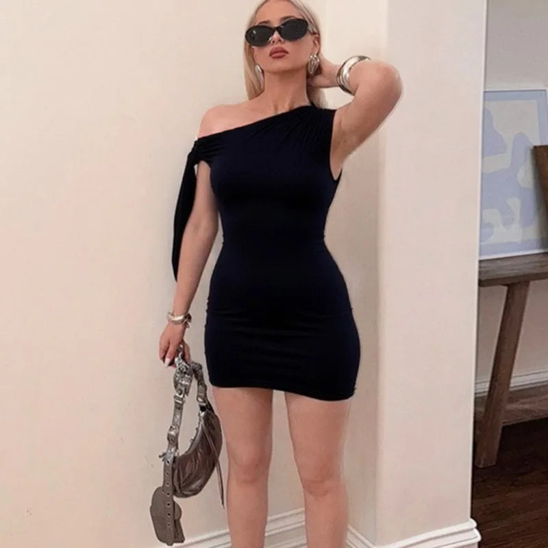 Black One Shoulder Tie Up Mini Dress