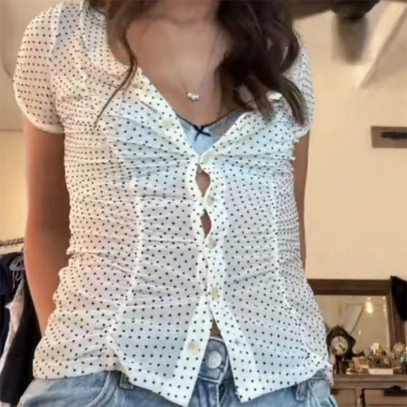 Sheer Polka Dot Button Up Blouse Top