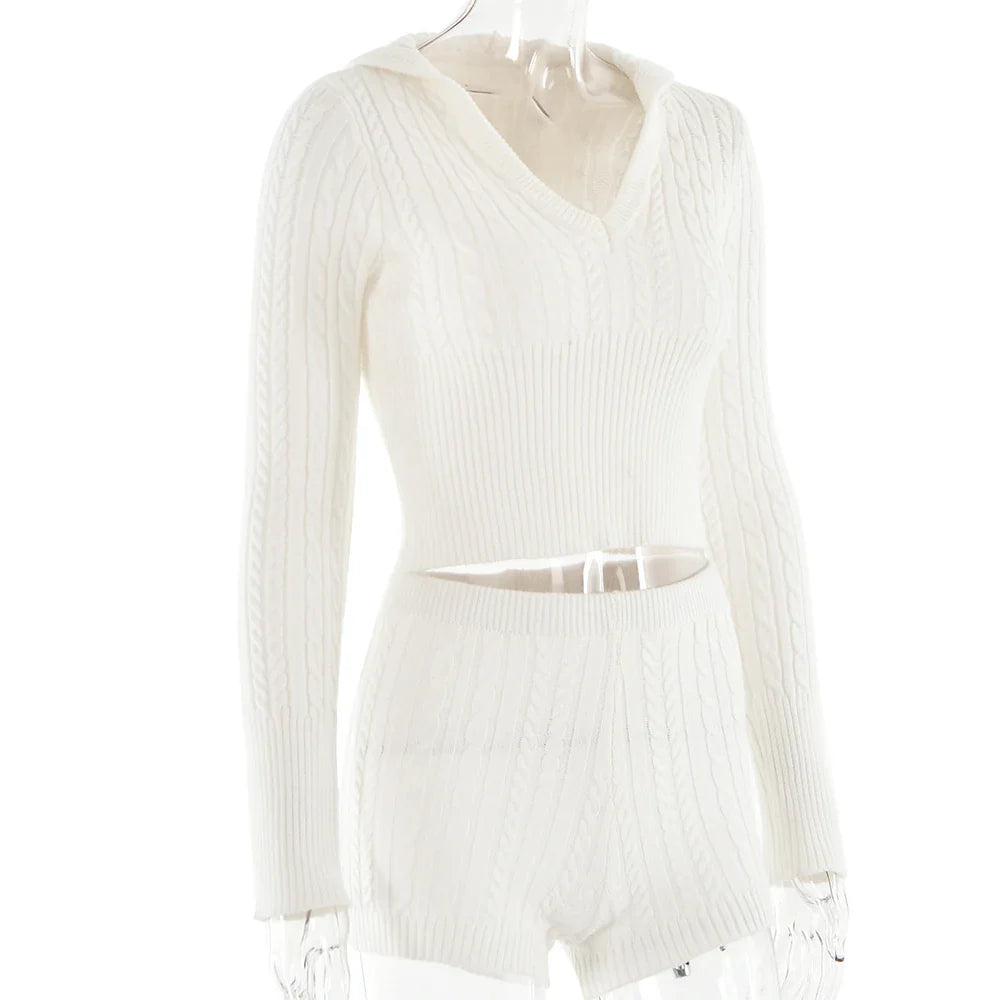 Long Sleeve Knitted V-Neck Hooded Sweater And Shorts Set