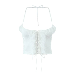 White Frill Hook Halter Tie Crop Top